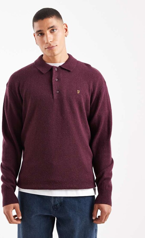Farah Matson lambswool long sleeve polo shirt in burgundy