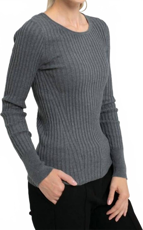 InCashmere Long Sleeve Crew Nec Rib Knit Sweater In Heather Grey