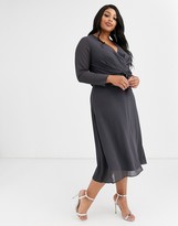 Thumbnail for your product : TFNC Plus Bridesmaid long sleeve bow back midi dress in grey