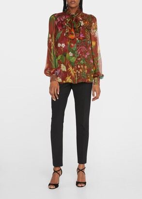 Floral Tapestry Scarf-Neck Silk Blouse
