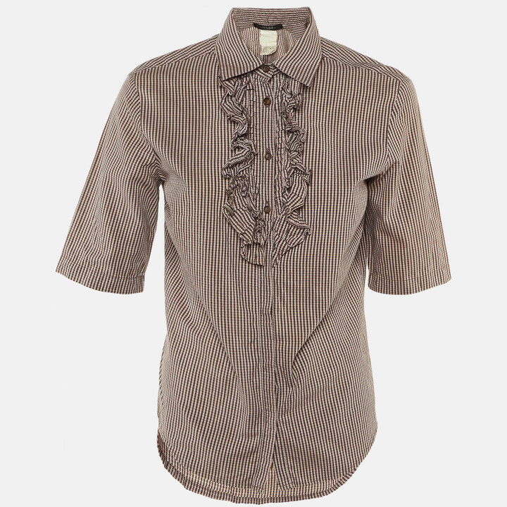 Weekend Max Mara Burgundy Checkered Cotton Frill Detail Shirt M