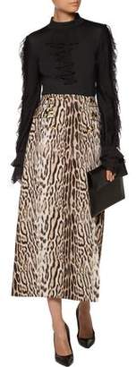 Roberto Cavalli Studded Leopard-Print Wool-Crepe Midi Skirt