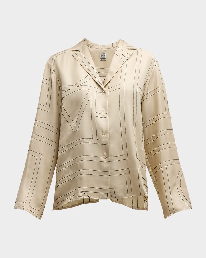Totême Monogram-Embroidered Silk Pajama Top
