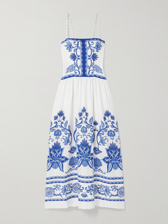 Farm Rio Bead-embellished Printed Linen-blend Midi Dress - White