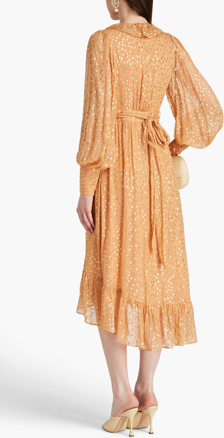 Zimmermann Ruffled metallic fil coupé georgette midi wrap dress - ShopStyle