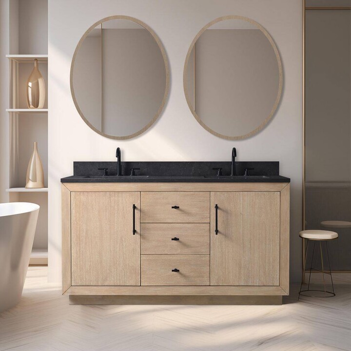 Vanity Art 60 in. W x 22 in. D x 38 in. H Double Sink Bath Vanity in Light Wheat with Black Limestone Top