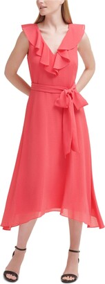 Jessica Howard Women's Balloon Cuff Sleeve Ruffle V Neck Fit and Flare Dress with Tie Sash