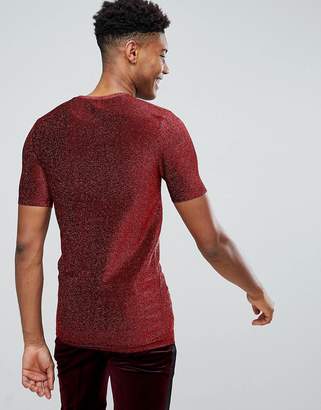 ASOS Design TALL Longline muscle fit T-Shirt In Red Metallic Fabric