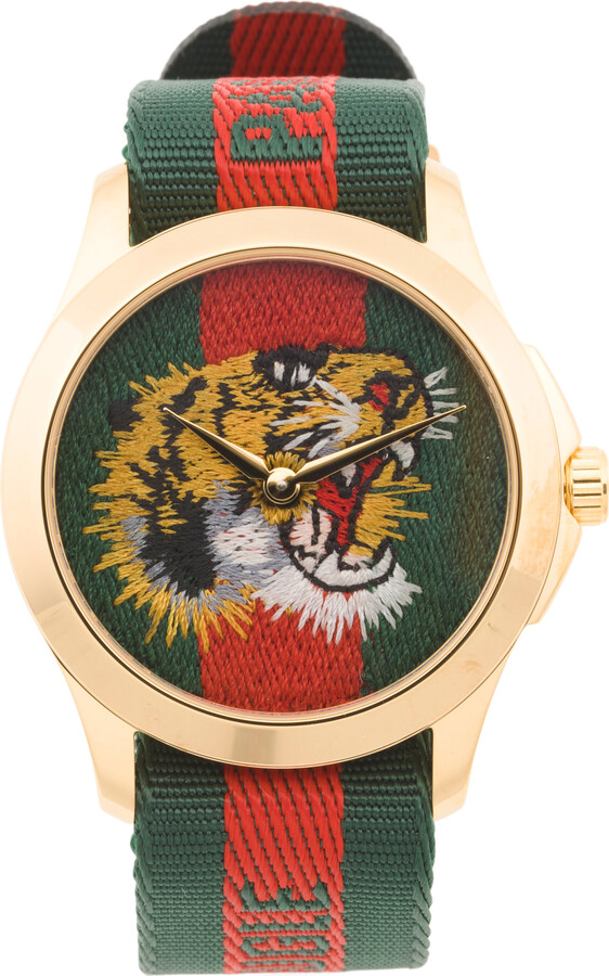 Gucci Swiss Made G Timeless Embroidered Tiger Stripe Strap Watch 