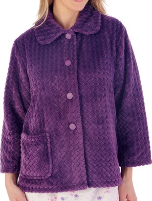 Slenderella Ladies 3/4 Sleeve 25" Soft Teal Fleece Zig Zag Pattern Button Up Bed Jacket Patch Pockets XXL