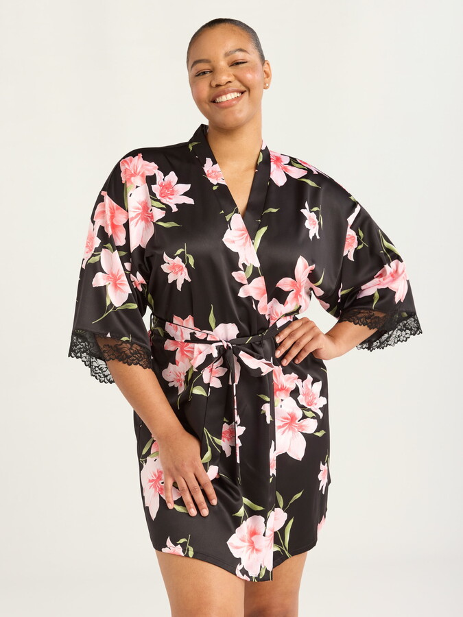 Joyspun Women’s Lace Trim Satin Robe, Sizes S-3X