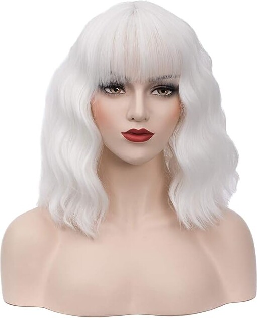 BUFASHION 14" Women Short Wavy Curly Wig White Bob Wig Cosplay Halloween Synthetic Wigs With Neat Bang Wig With Free Wig Cap (White 1)