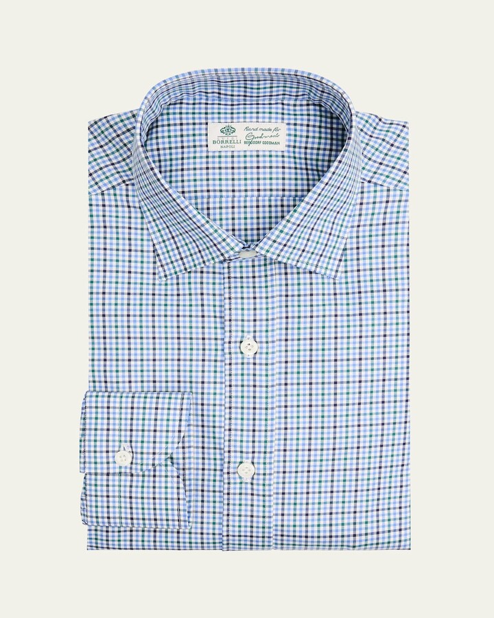 Borrelli Men's Cotton Multi-Plaid Point Collar Dress Shirt
