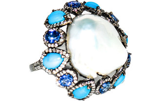 Arthur Marder Fine Jewelry Silver 3.68 Ct. Tw. Diamond, Tanzanite, & 20Mm Pearl Ring