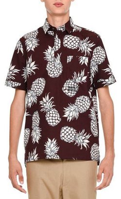 Valentino Pineapple-Print Short-Sleeve Popover Shirt, Burgundy