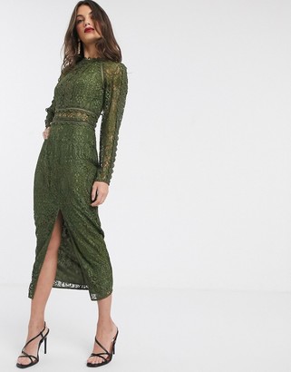 ASOS DESIGN long sleeve pencil dress in lace with geo lace trims
