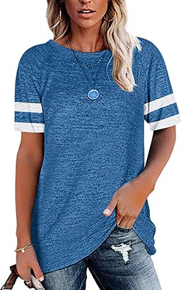 Famulily Womens Stripes Short Sleeve Round Neck T-Shirt Summer Loose  Baseball Pullover Blouse Tops Khaki L - ShopStyle