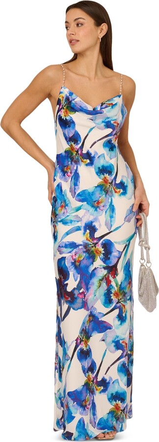 Adrianna Women's Printed Cowl Neck Sleeveless Gown - Blue/Ivory Multi