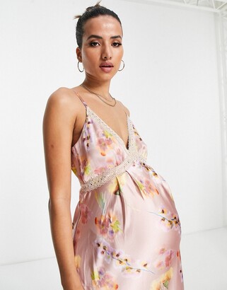 Hope & Ivy Maternity lace insert satin maxi dress in lilac floral -  ShopStyle