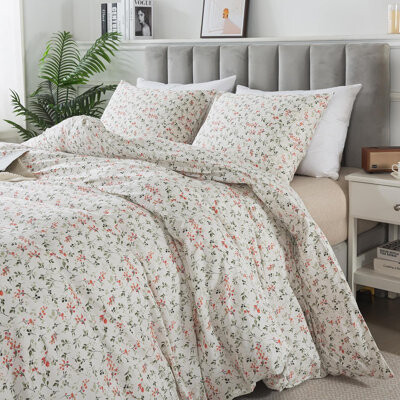 Nayoroom 3 Pieces Botanical Floral Red Flower Duvet Cover Vintage Style Soft Cotton Garden Floral Aesthetic Bedding Set