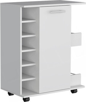 White 4-Wheel Bar Cart Cabinet For Kitchen Or Living Room, With 6 Side Built-In Bottle Racks, 1 Interior Shelve, 2 Side Shelves, 2 Space With Wood Doo