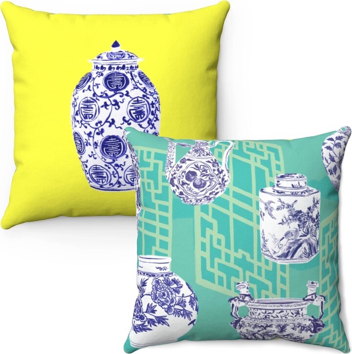 Dual Design Pillow Blue & White Chinese Ginger Jar, Spun Polyester