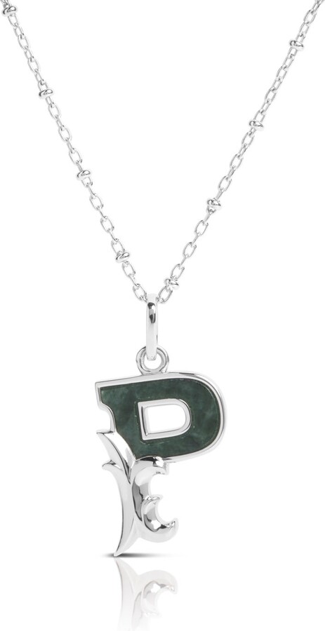 Kasun Solid Silver P Initial Necklace With Green Marble