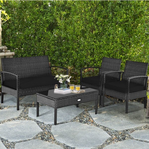 Costway Costway4PCSOutdoorPatioRattanFurnitureSetCushionedSofaCoffeeTableGardenDeck