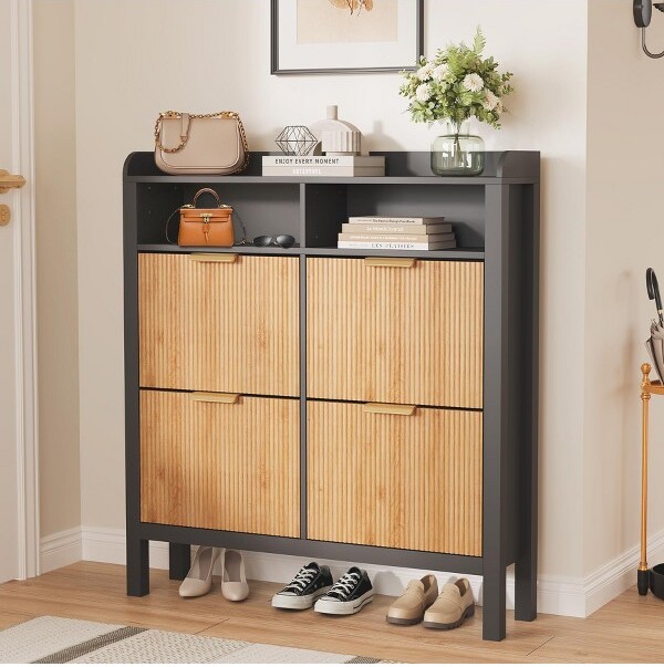 TROPOW ShoeStorageCabinetwith4FlipDrawersFlutedNarrowShoeStorageCabinetOrganizerwithLegsFreestandingHiddenSlimShoeStorage