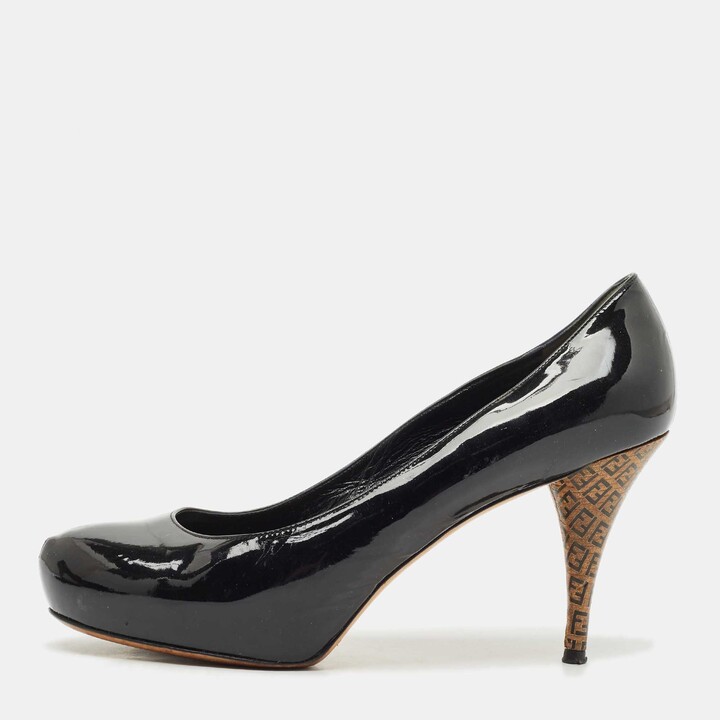 Fendi Black Patent Leather Zucca Heel Platform Pumps Size 41