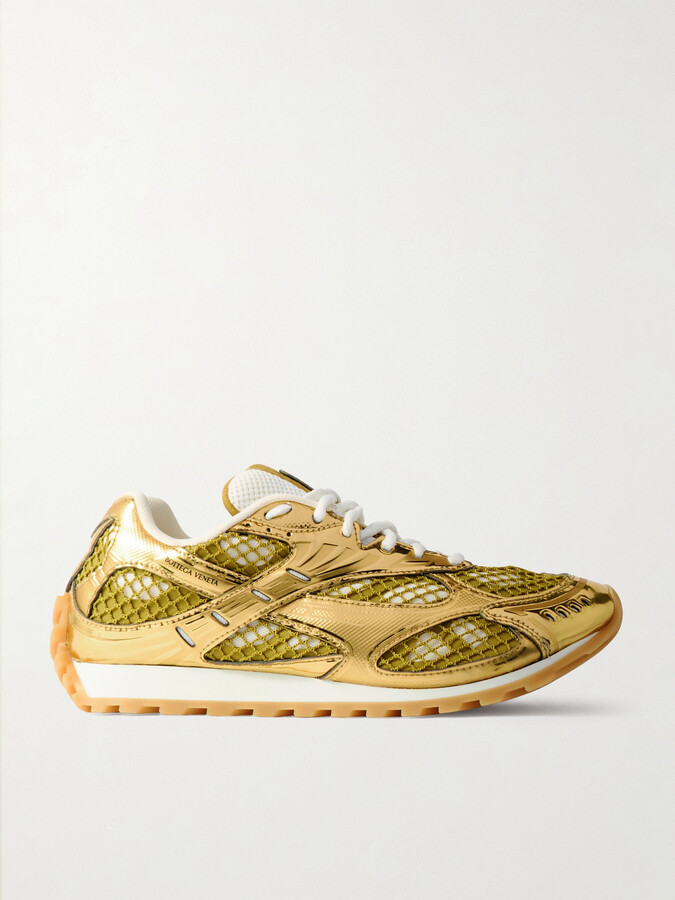 Bottega Veneta Orbit Metallic Rubber, Mesh And Fishnet Sneakers - Gold