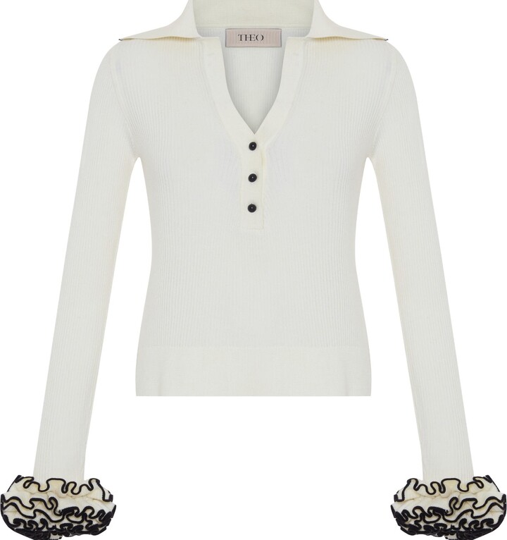Theo the Label White Nomia Ruffle Sleeve Johnny Sweater - Ivory / Black