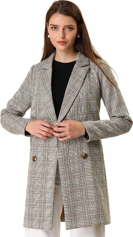 Allegra K Women's Double Breasted Jacket Notched Lapel Plaid Overcoat With  Pockets Brown X-small : Target
