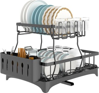 happimess Compact 17.25 Fingerprint-Proof Stainless Steel Dish Rack with Wine Glass Holder, Stainless Steel/Black