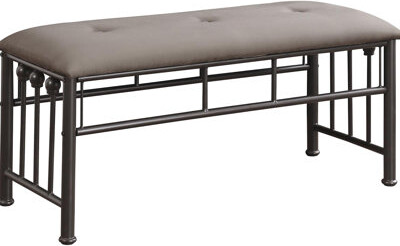Transitional Space Bench With Ornate Dark Bronze And Brown Decorative Upholstery Frame