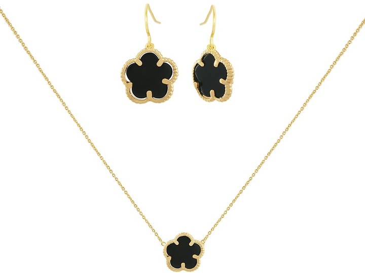 jankuo flower 2 piece 14k goldplated onyx drop earrings pendant necklace set