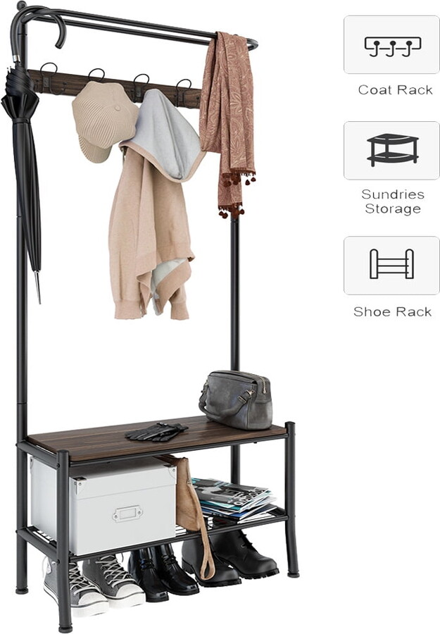 LANGRIA Entryway Metal Storage Shoe Bench with Coat Rack, 3 Tiers and 5 Free Hooks, Up to 220 lbs Capacity, 31.5 x 13.0 x 73.8 Inches, Black