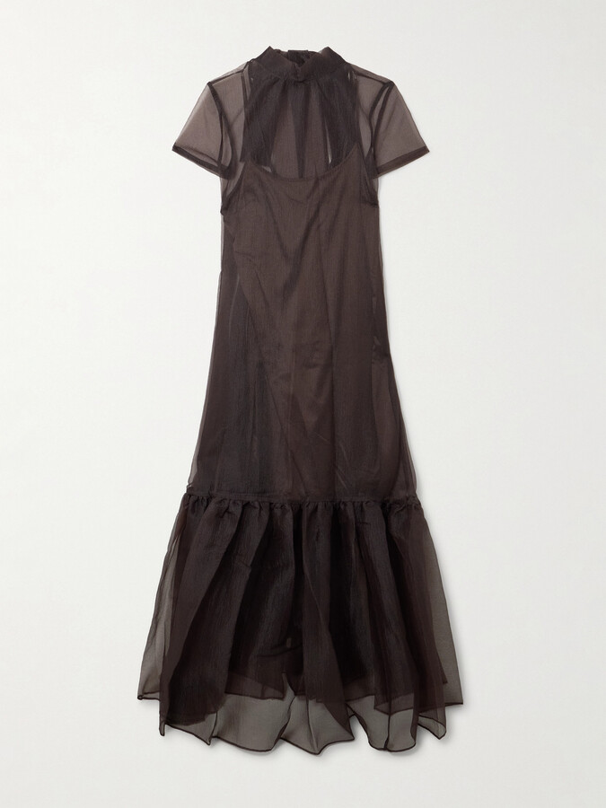 STAUD Calluna Tie-neck Tiered Organza Maxi Dress - Brown