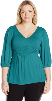NY Collection Women's Plus Size Solid V-Neck Shirred Waist Three-Quarter-Sleeve Pullover Top