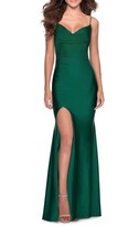 Thumbnail for your product : La Femme V-Neck Jersey Gown with Lace-Up Corset Back