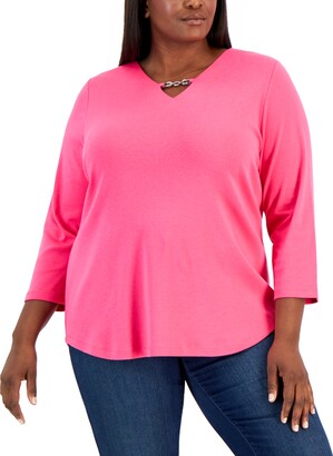 Karen Scott Plus Size Cotton 3/4-Sleeve Chain-Trim Top, Created for Macy's