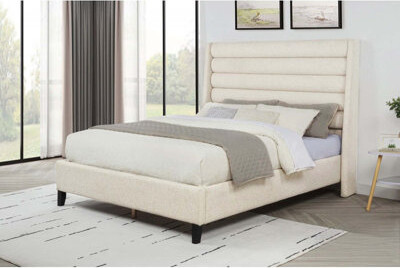 Latitude Run Upholstered Queen Platform Bed with Rolled Channel Tufted Headboard Modern and Stylish for Contemporary Bedrooms Beige