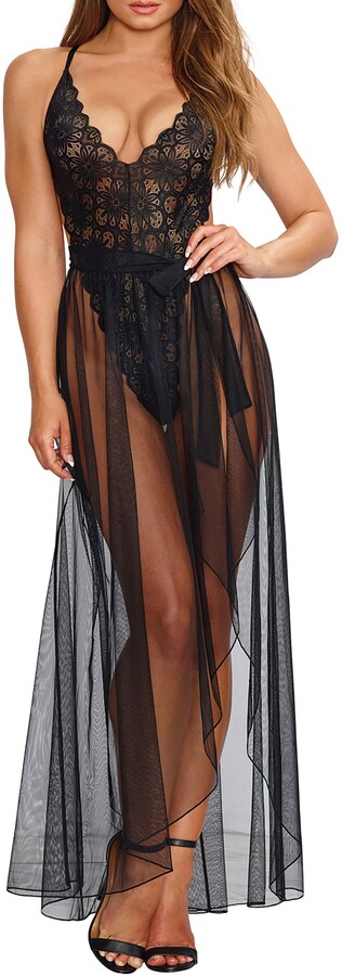 Dreamgirl womens Sheer Mesh and Scalloped Lace Full Length Gown With G-string