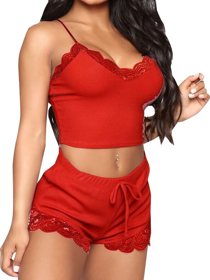 KOEMCY Womens Lace Pajama Set Sexy V Neck Cami Top Sleepwear Sling