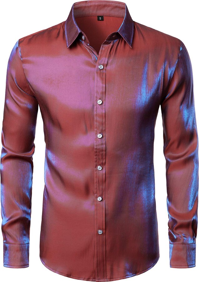 JOGAL Men's Shiny Satin Shirts Long Sleeve Casual Button Down Shirts ...