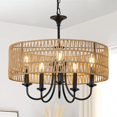 Modern Farmhouse Chandelier With 5-Light Rattan Shade, Boho Lighting For Living & Dining Areas