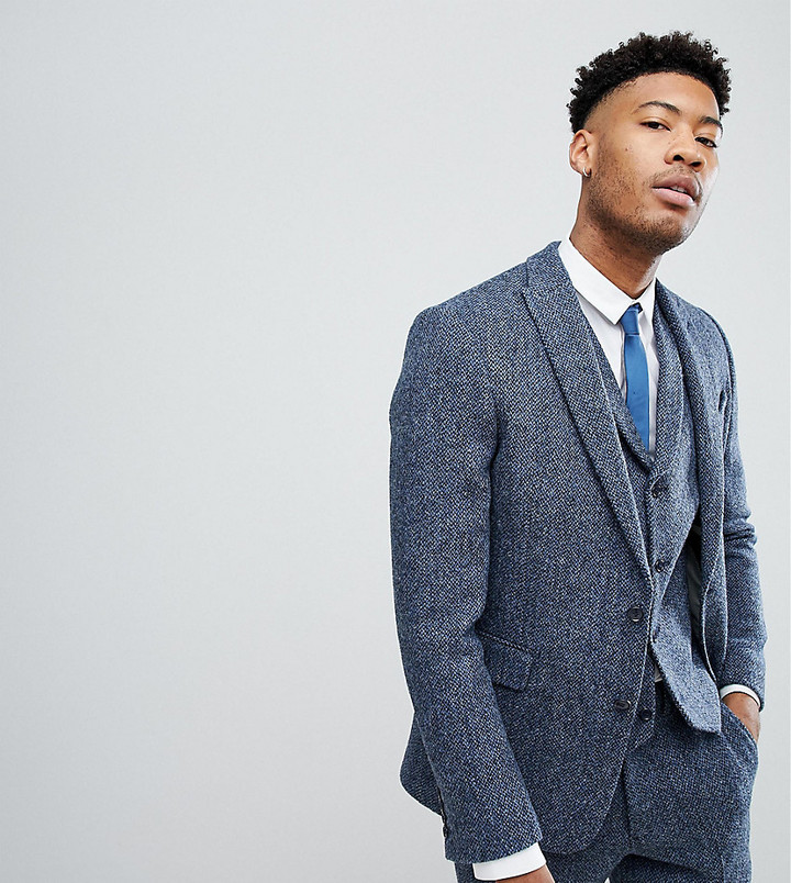 ASOS DESIGN ASOS TALL Slim Suit Jacket in 100% Wool Harris Tweed In Blue  Mini Check - ShopStyle