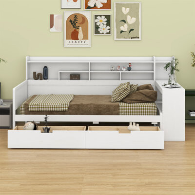 Latitude Run Daybed With Storage Shelves Multi-Functional Bed With Two Storage Drawers And Study Desk