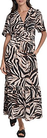 DKNY By Donna Karan Blurred Zebra Supple Satin Elastic V-Neck Short Sleeve Dress