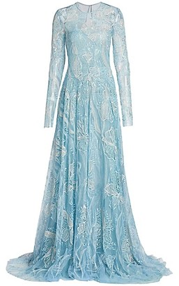 Naeem Khan Floral Lace Long-Sleeve Sheer A-Line Gown